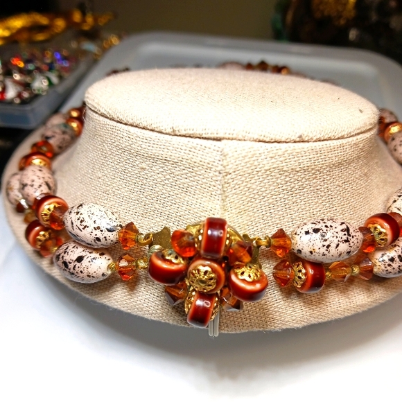 Pastel Speckled Robin's Egg Beads with Brown Crystal AB & Gold tone Necklace - Picture 6 of 8